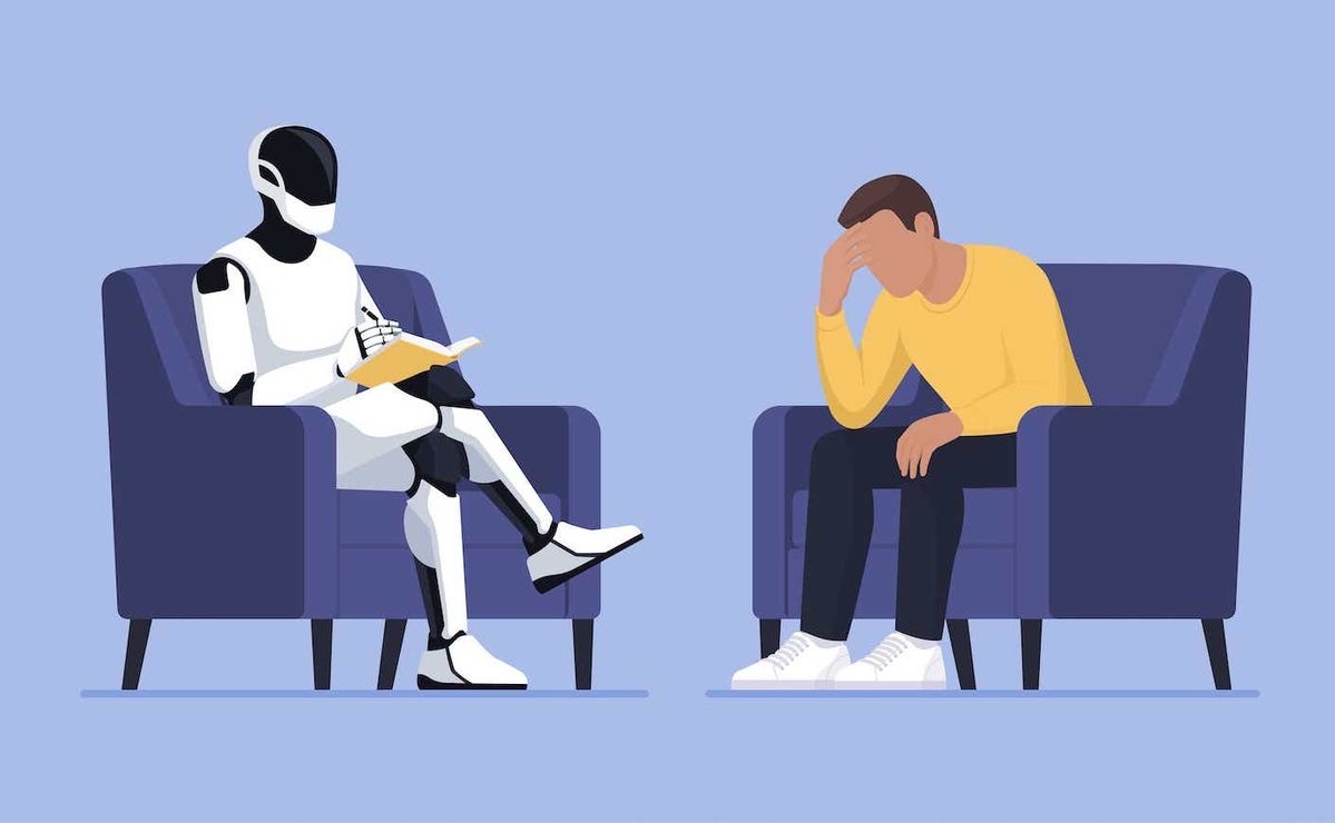 Une représentation graphique illustrant l'interaction entre un robot et un humain dans un cadre de soin mental.