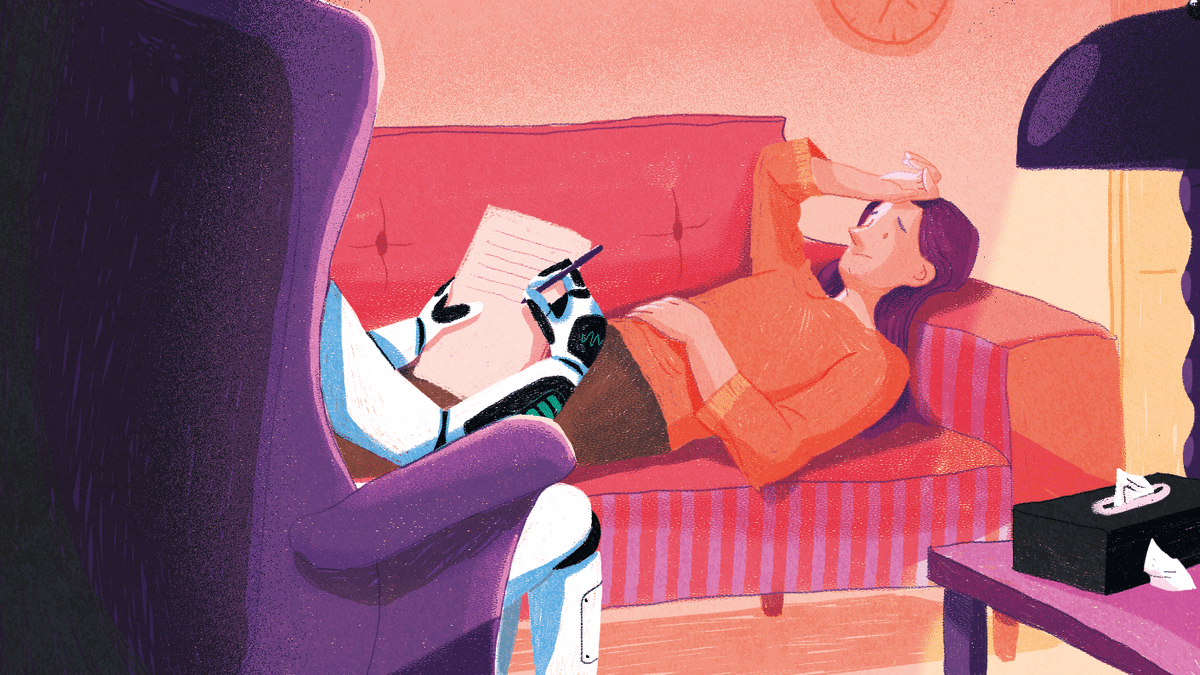 Une image d'une ia sous forme de robot qui discute avec une femme